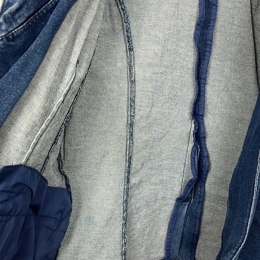 Helium Womens Denim Jacket L Dark Wash Open Front 1 Button Close Zip Pockets EUC